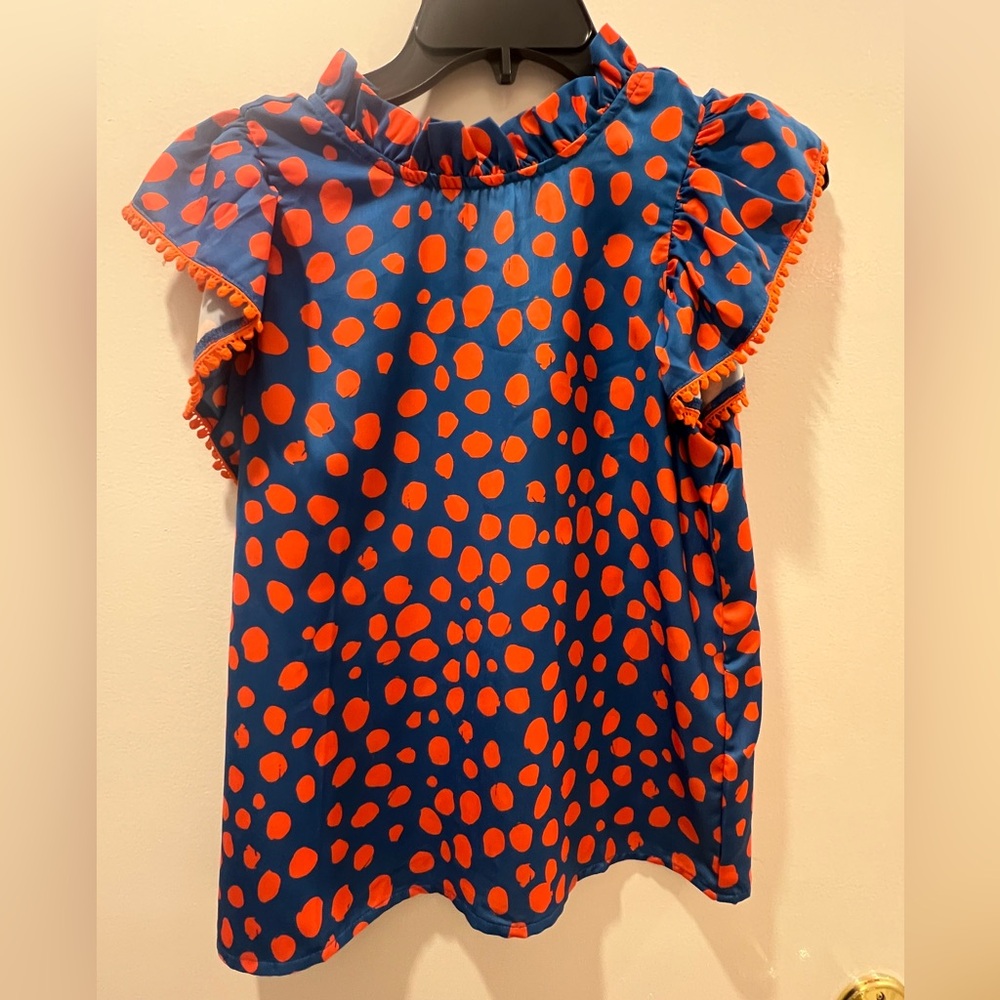 Orange and Blue Polka Dot Pattern Ruffle Sleeve Top